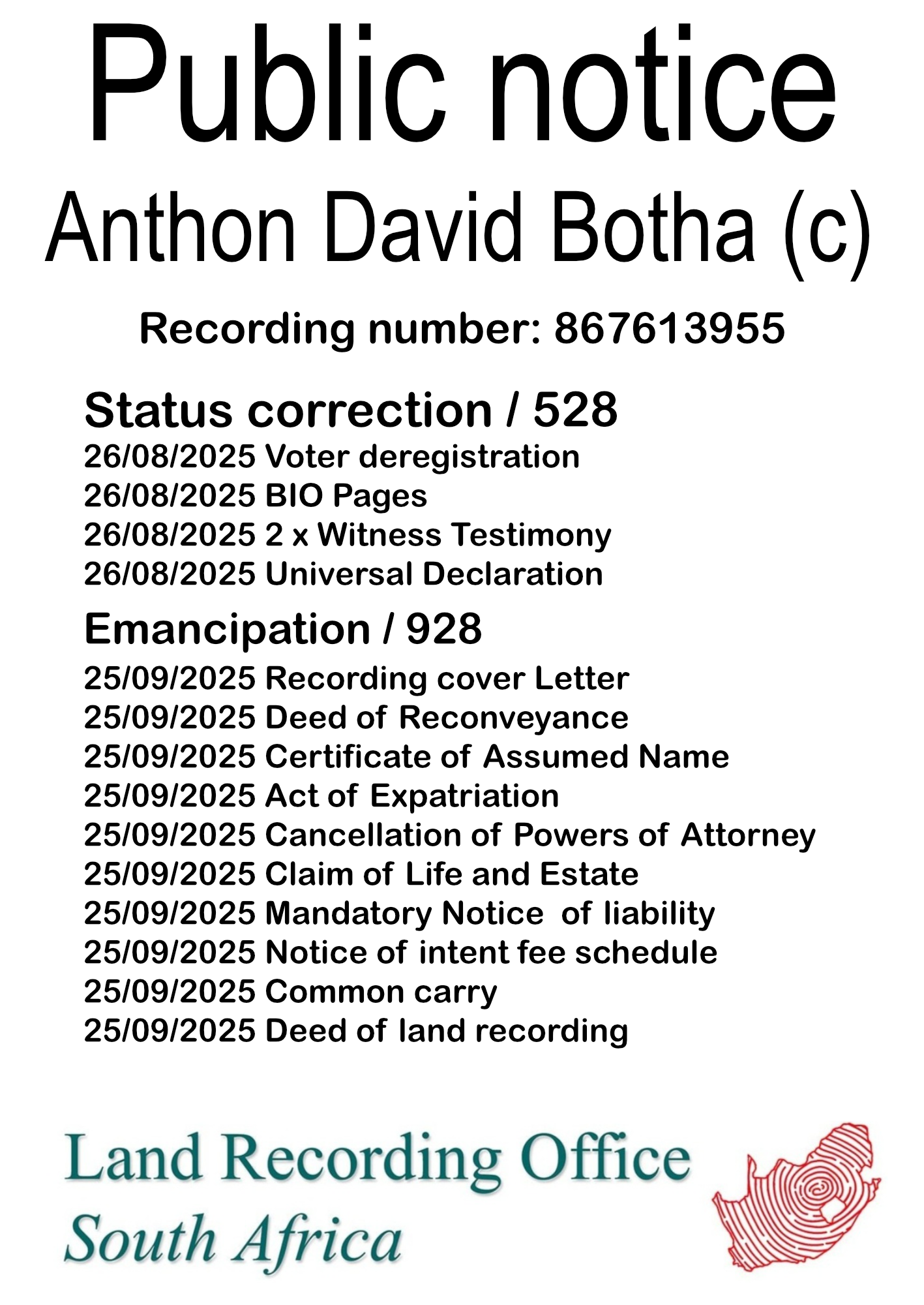 Public Notice Anthon David Botha Recording Number 867613955